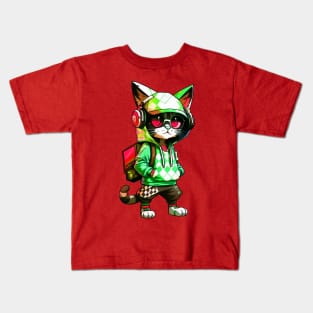 DJ Kitty Vibes (green & red) Kids T-Shirt